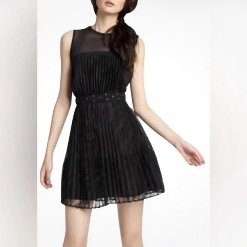 Diane Von Furstenberg Lise Black Mesh Micro Pleat Fit Flare Mini Dress 14